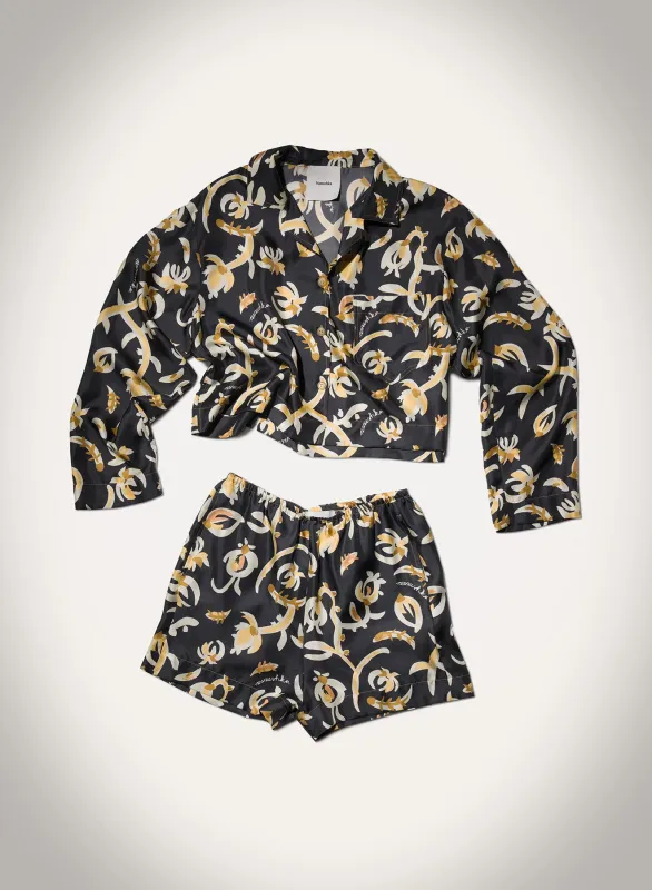 Vally - Cropped Silk Twill Shirt - Black Floral sold by Nanushka