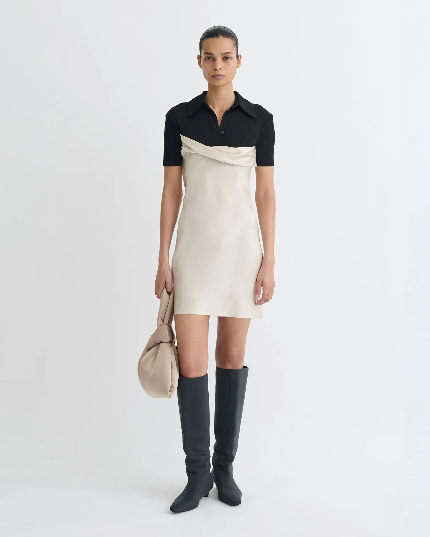Heceta - Mesh Jersey and Slip Satin Mini Dress - Creme/Black sold by Nanushka