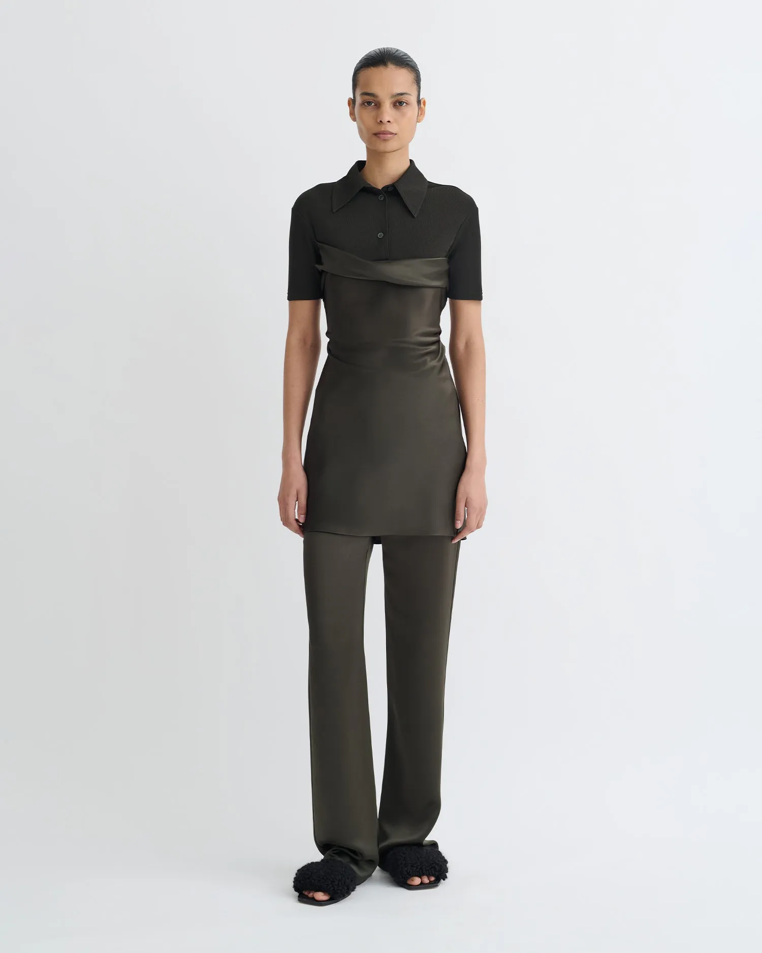 Heceta - Mesh Jersey and Slip Satin Mini Dress - Dark Green/Anthracite sold by Nanushka