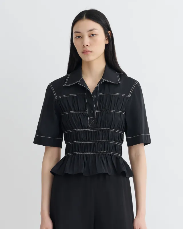 Nairi - Smocked Glass Poplin Shirt - Black sold by Nanushka