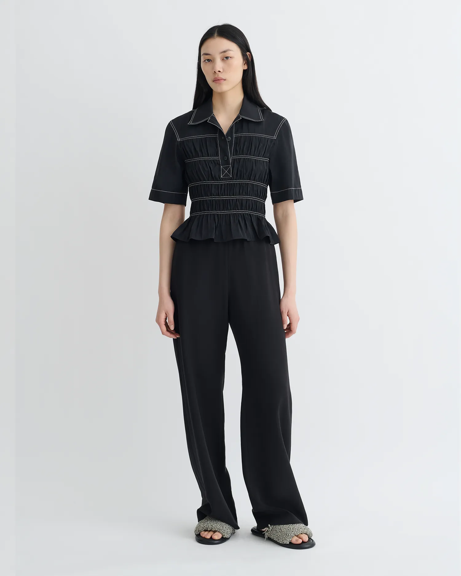 Nairi - Smocked Glass Poplin Shirt - Black sold by Nanushka product image thumbnail 2