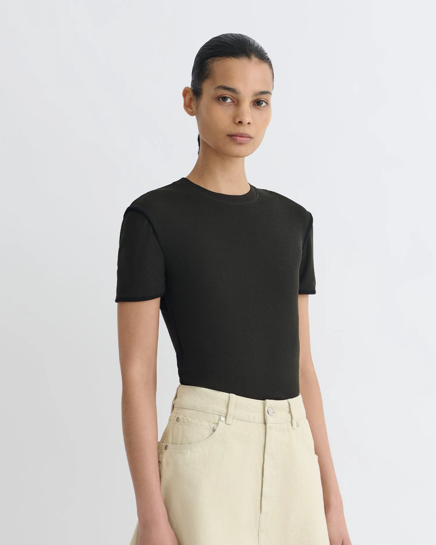 Sabelle - Cropped Mesh Jersey T-Shirt - Antracite/Black sold by Nanushka