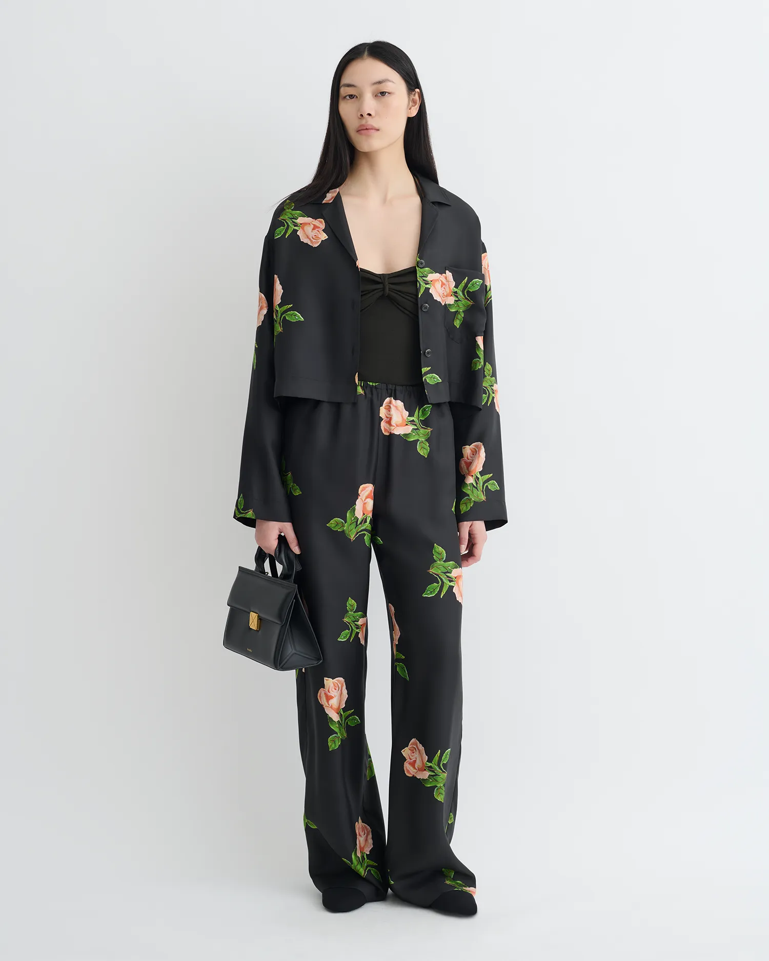 Vally - Cropped Silk Twill Shirt - Off Black/Roses sold by Nanushka product image thumbnail 2