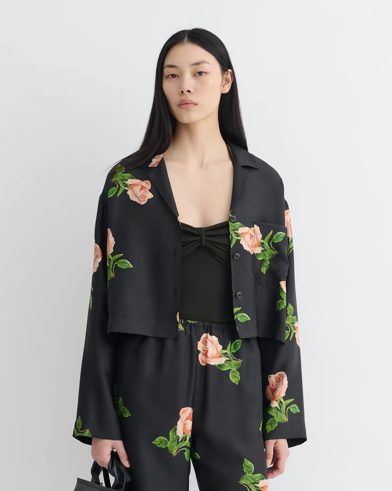 Vally - Cropped Silk Twill Shirt - Off Black/Roses sold by Nanushka