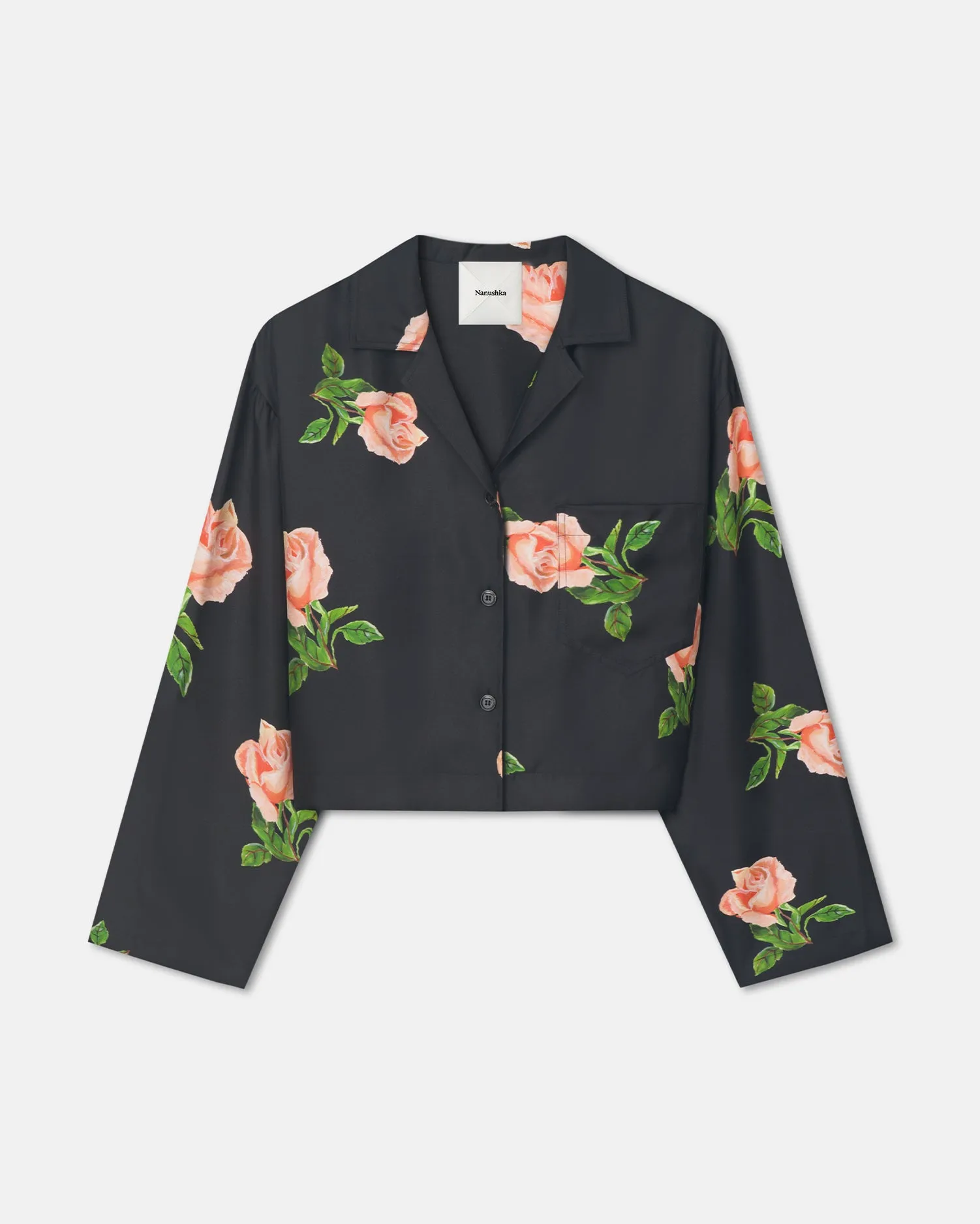 Vally - Cropped Silk Twill Shirt - Off Black/Roses sold by Nanushka product image thumbnail 4