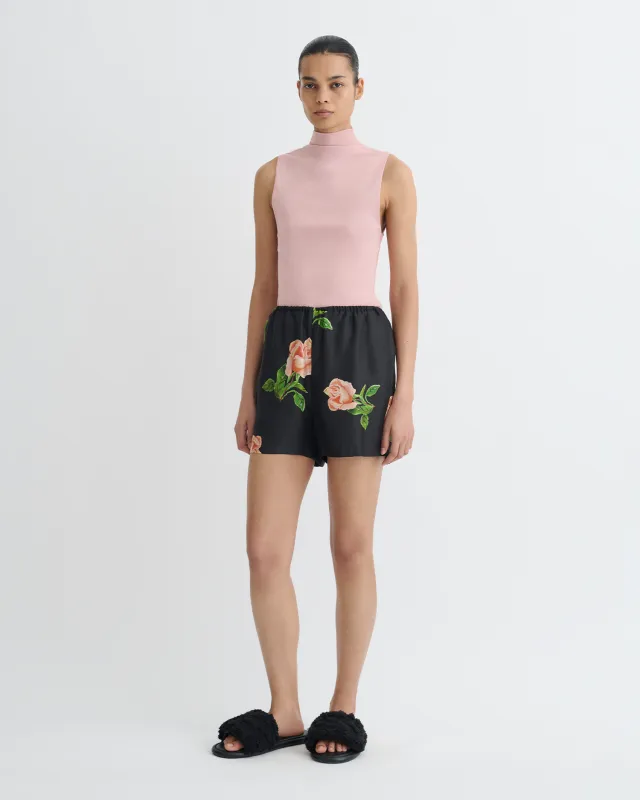 Dylla - Printed Tailored Silk Twill Shorts - Off Black/Roses sold by Nanushka