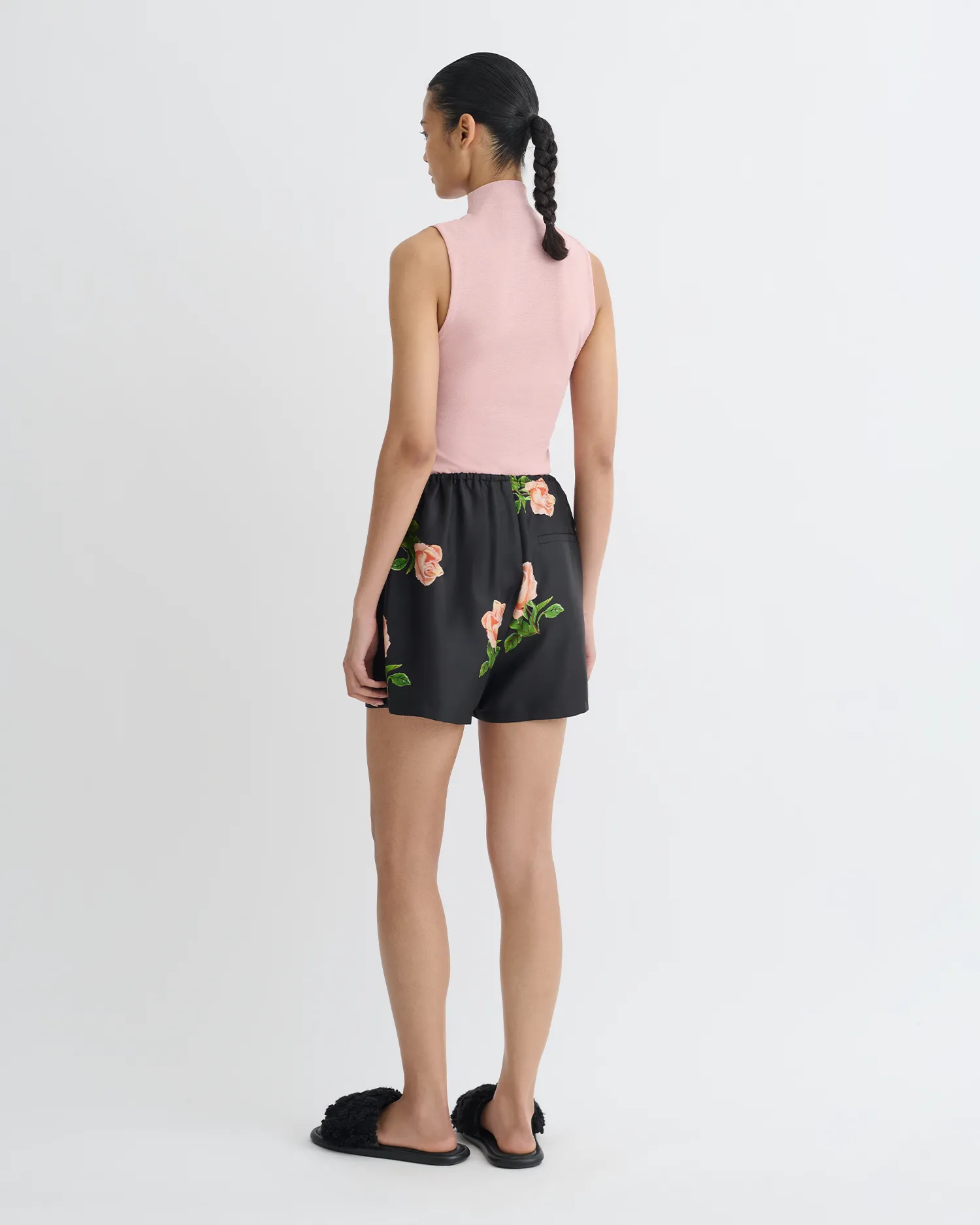 Dylla - Printed Tailored Silk Twill Shorts - Off Black/Roses sold by Nanushka product image thumbnail 2
