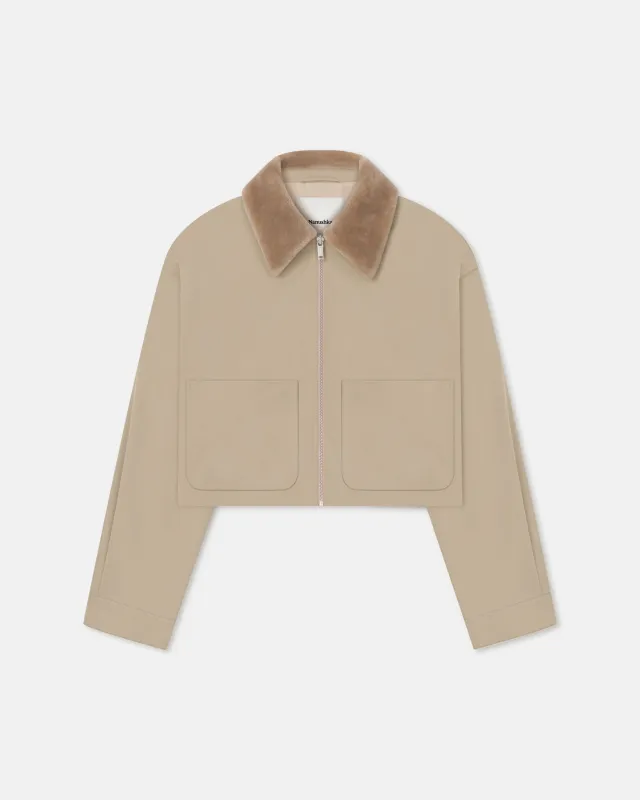 Phebe - Cropped Tech Twill and Faux Fur Jacket - Pebble/Beige sold by Nanushka