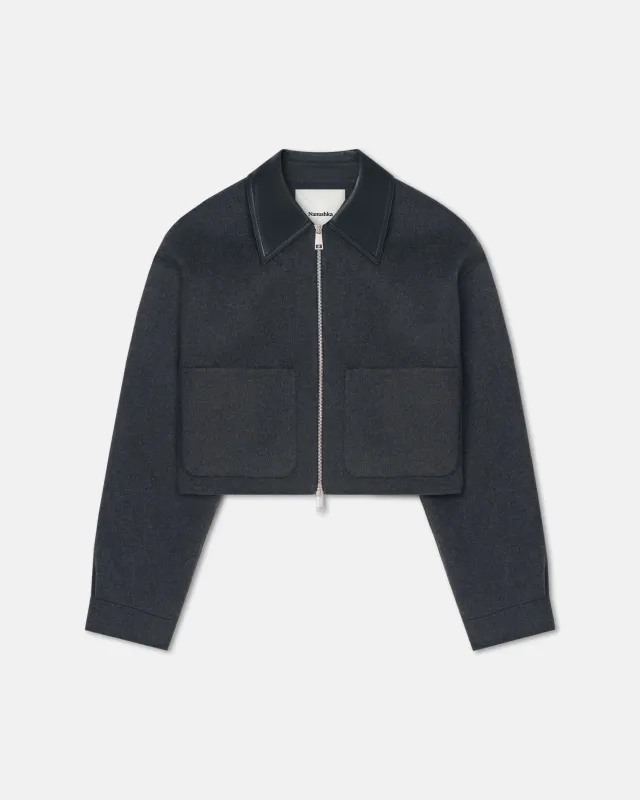 Phebe - Cropped Double Wool Jacket - Grey Melange/Black sold by Nanushka