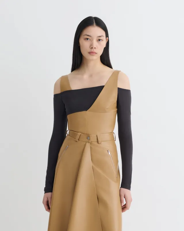 Ferr - Wool Jersey and Okobor™ Alt-Leather Top - Oak/Grey sold by Nanushka