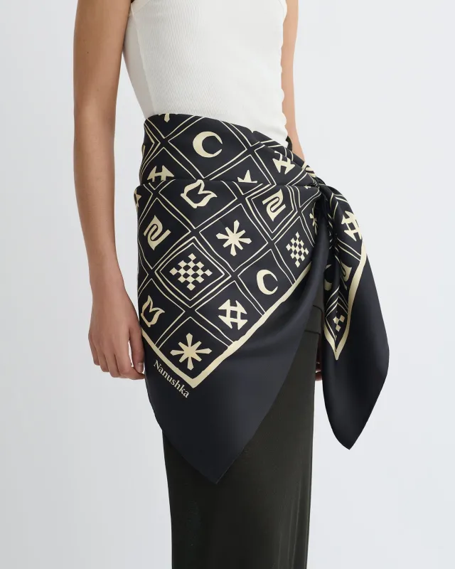 Miani - Printed Silk Scarf - Off Black/Beige Kopjafa sold by Nanushka