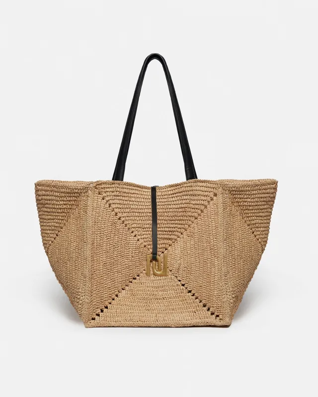 Origami Tote Large - Raffia Charm Tote - Natural/Black sold by Nanushka