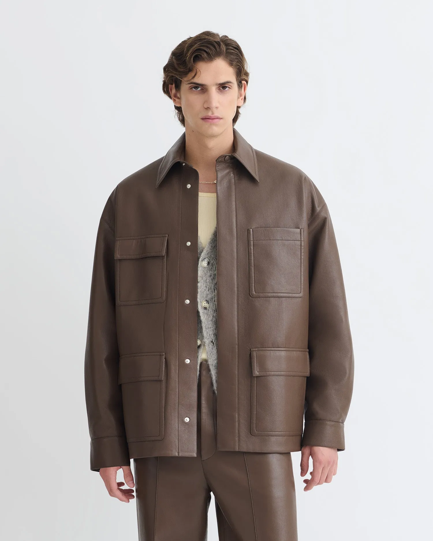 Chasin - Regenerated Leather Shirt Jacket - Chocolate sold by Nanushka