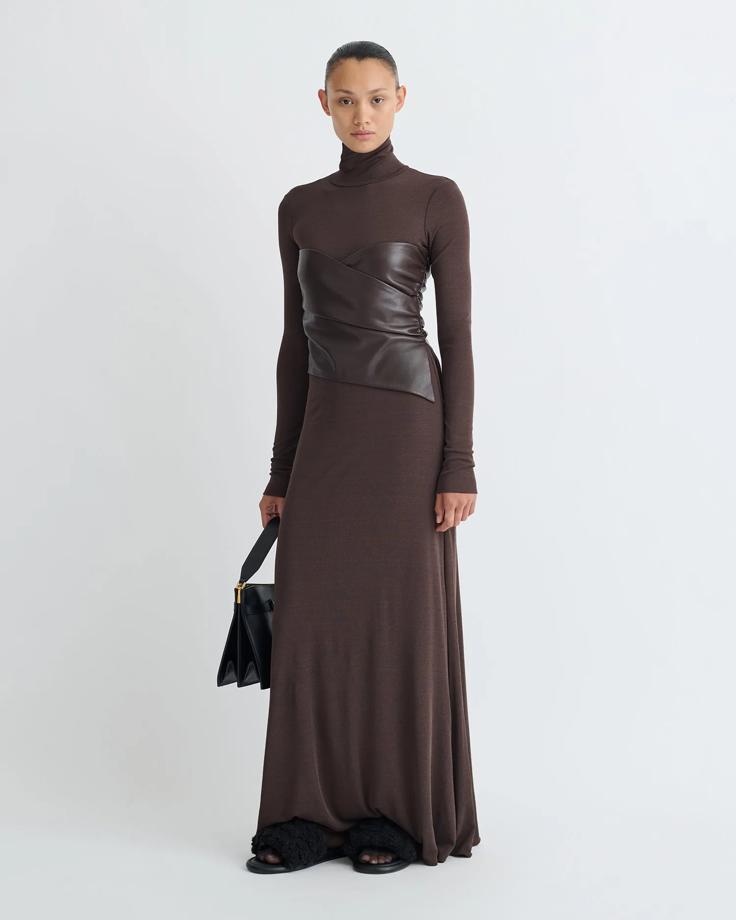 Amabel - Mesh Jersey/Okobor Dress - Dark Oak/Coffee Ground sold by Nanushka