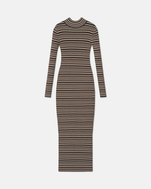 Mirell - Fine Merino Rib Long Dress - Black/Brown/Green Stripe sold by Nanushka