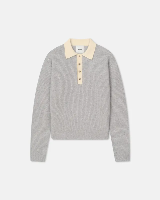 Gregor - Merino and Terry Polo Sweater - Light Grey/Creme sold by Nanushka