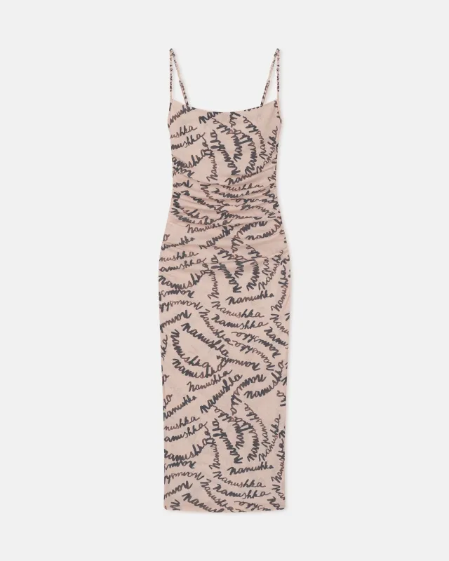 Alexa - Printed Mesh Jersey Midi Dress - Creme Scribble Logo sold by Nanushka