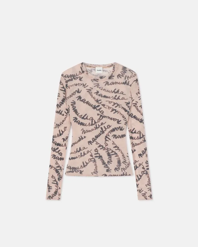 Lymee - Mesh-Jersey Top - Creme Scribble Logo sold by Nanushka