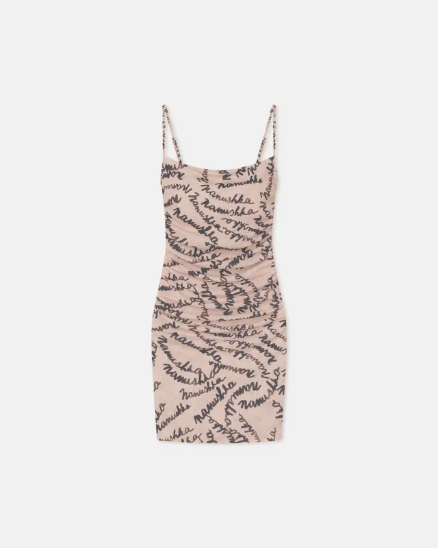 Adie - Printed Mesh-Jersey Dress - Creme Scribble Logo sold by Nanushka