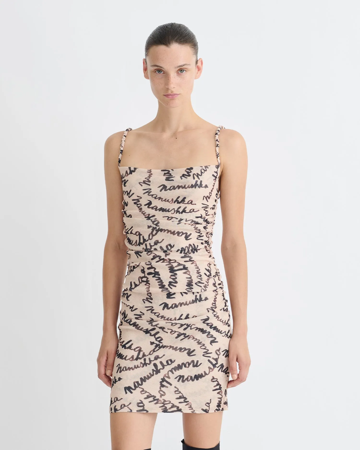 Adie - Printed Mesh-Jersey Dress - Creme Scribble Logo sold by Nanushka product image thumbnail 4