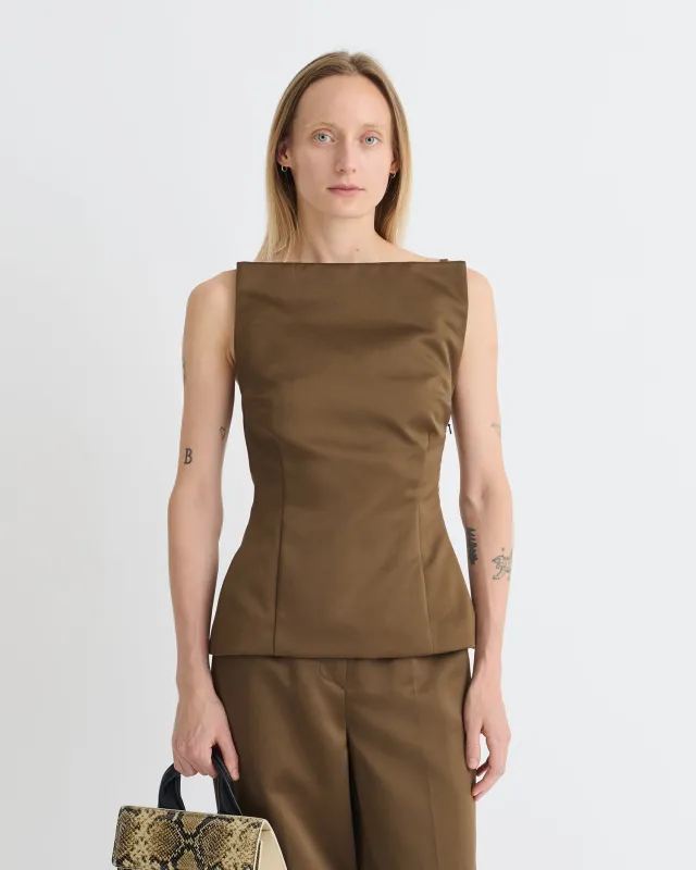 Laree - Structured Satin Sleeveless Top - Wood sold by Nanushka