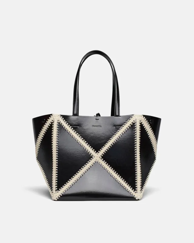 The Origami Tote - Patent Alt-Leather Crochet Tote - Black/Creme sold by Nanushka