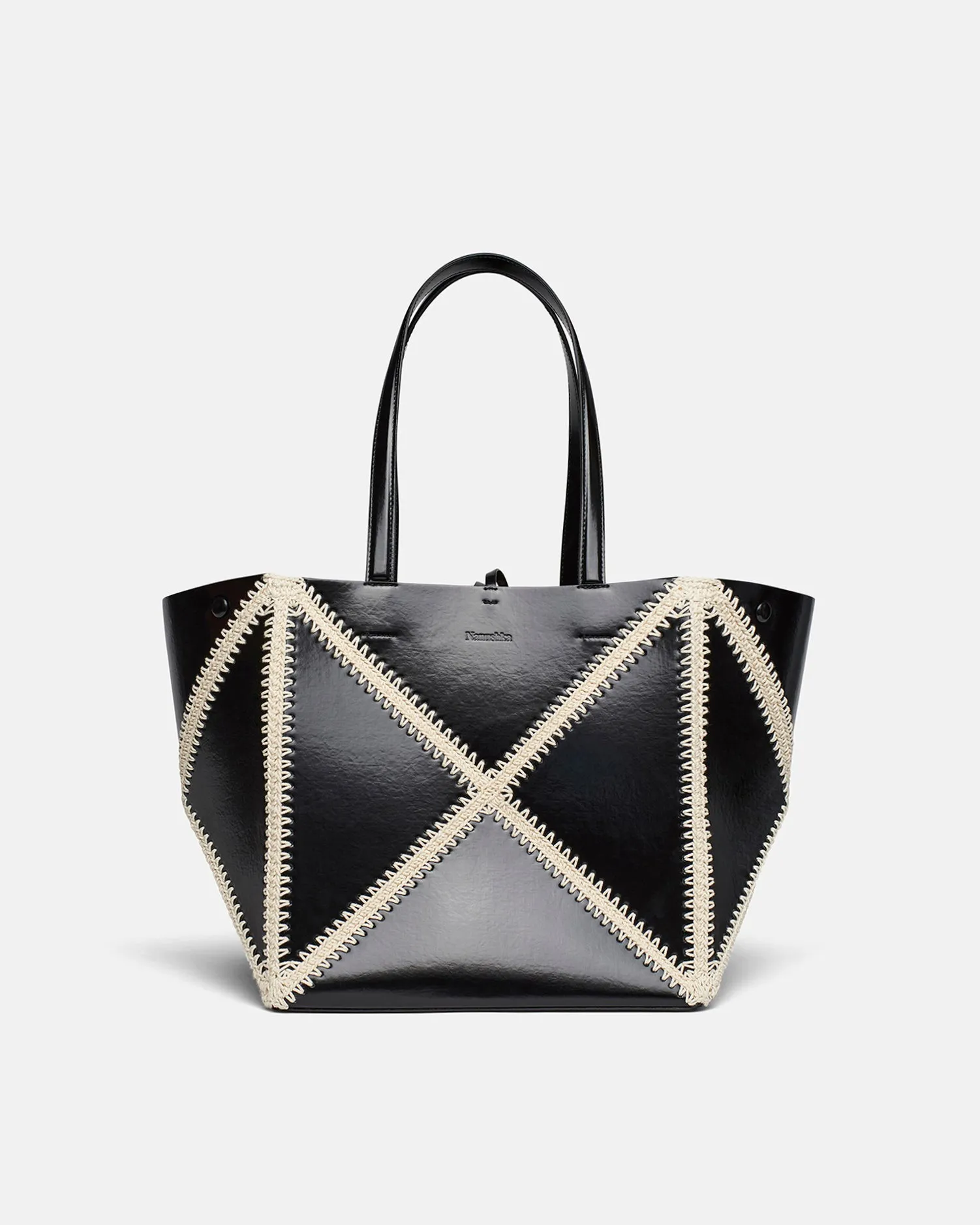 The Origami Tote - Patent Alt-Leather Crochet Tote - Black/Creme sold by Nanushka