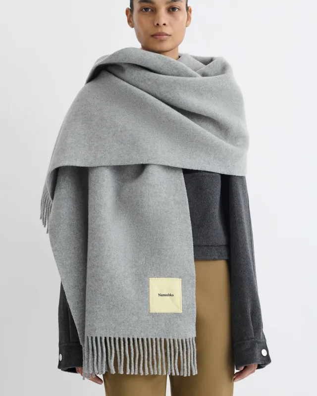 Keaton - Wide Blanket Fringe Scarf - Grey Melange sold by Nanushka