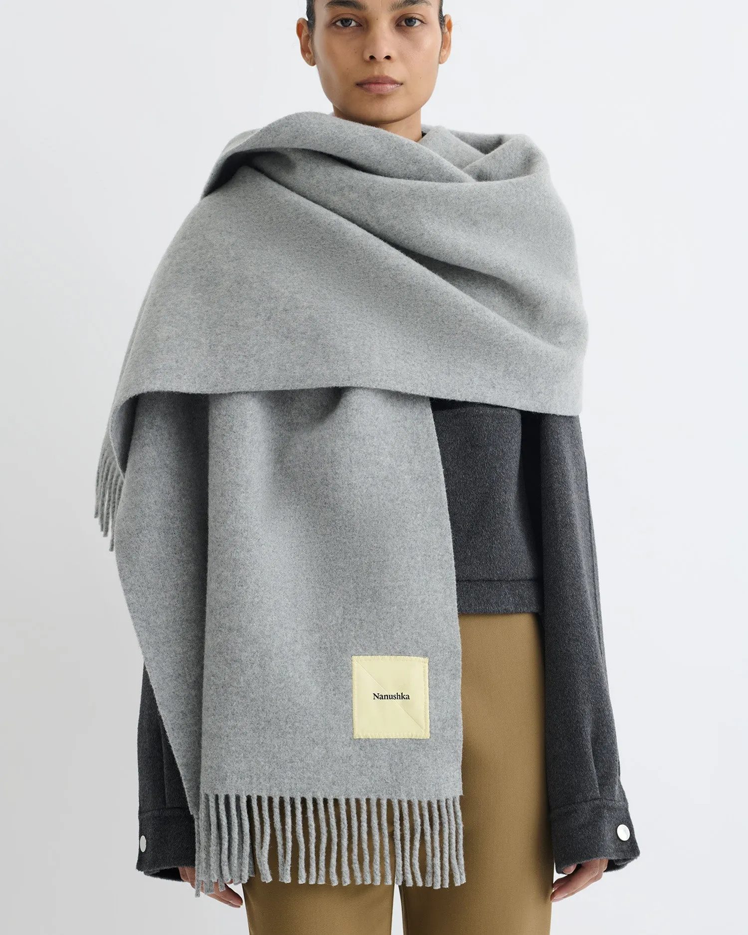 Keaton - Wide Blanket Fringe Scarf - Grey Melange sold by Nanushka