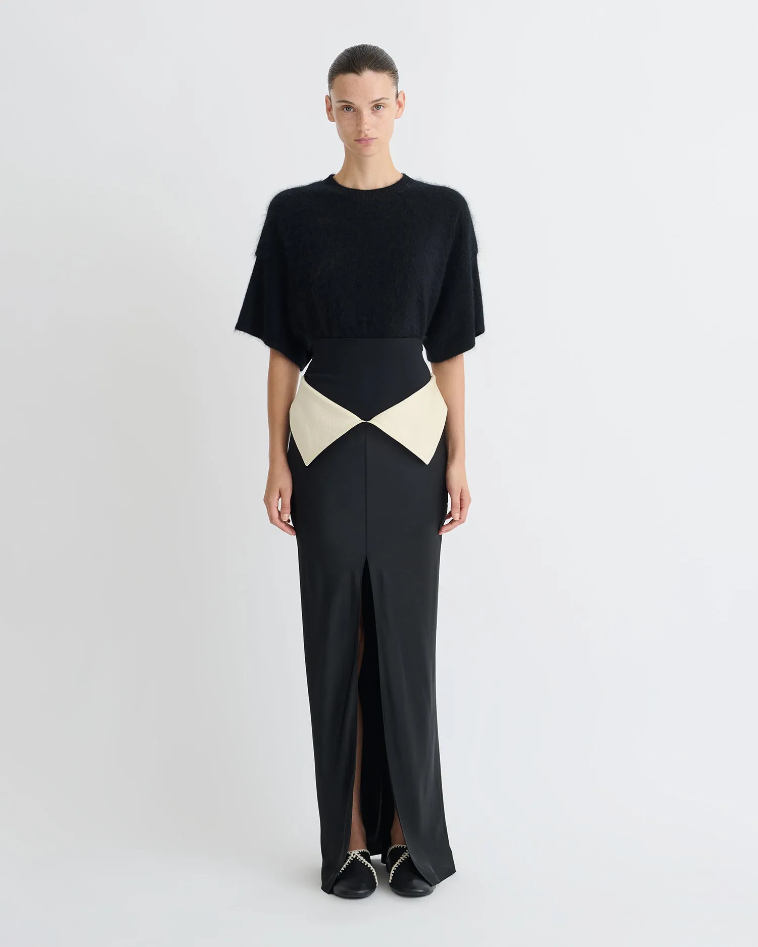 Mentari - Crisp Satin Long Skirt - Black/Ecru sold by Nanushka