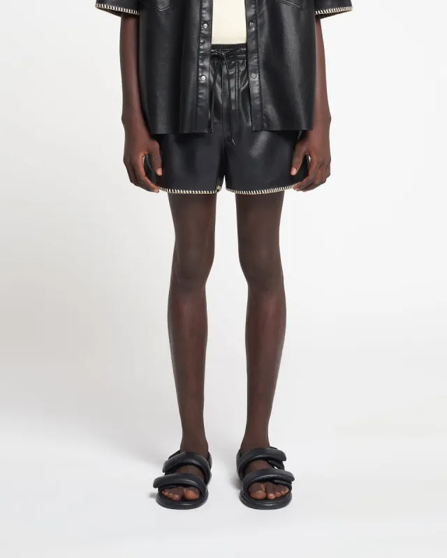 Amil - Raffia-Trimmed Okobor™ Alt-Leather Shorts - Black sold by Nanushka