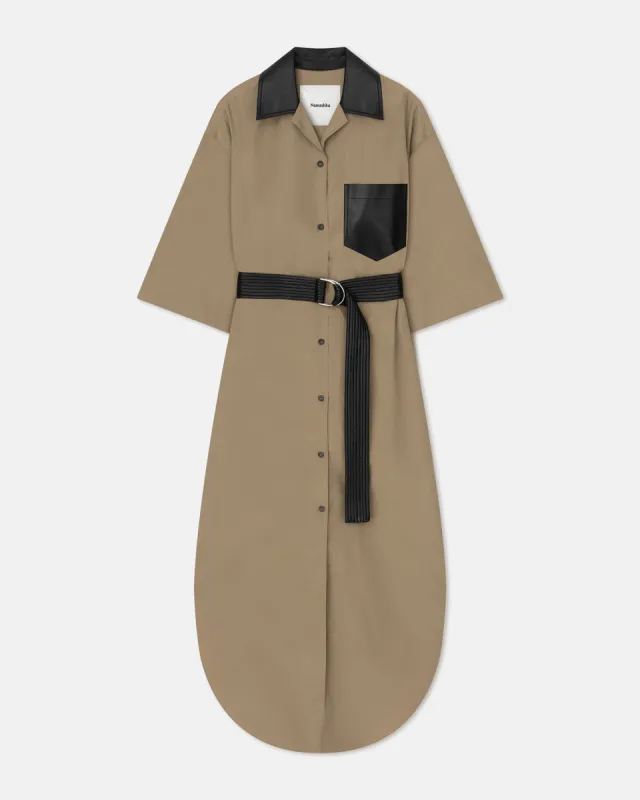 Meilani - Belted Tech Poplin Shirt Dress - Muted Khaki sold by Nanushka