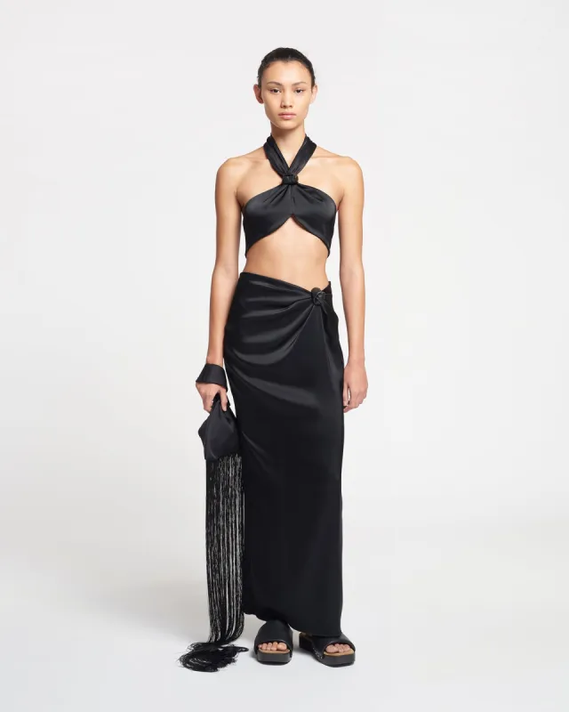 Nago - Knotted Slip Satin Skirt - Black made by Nanushka
