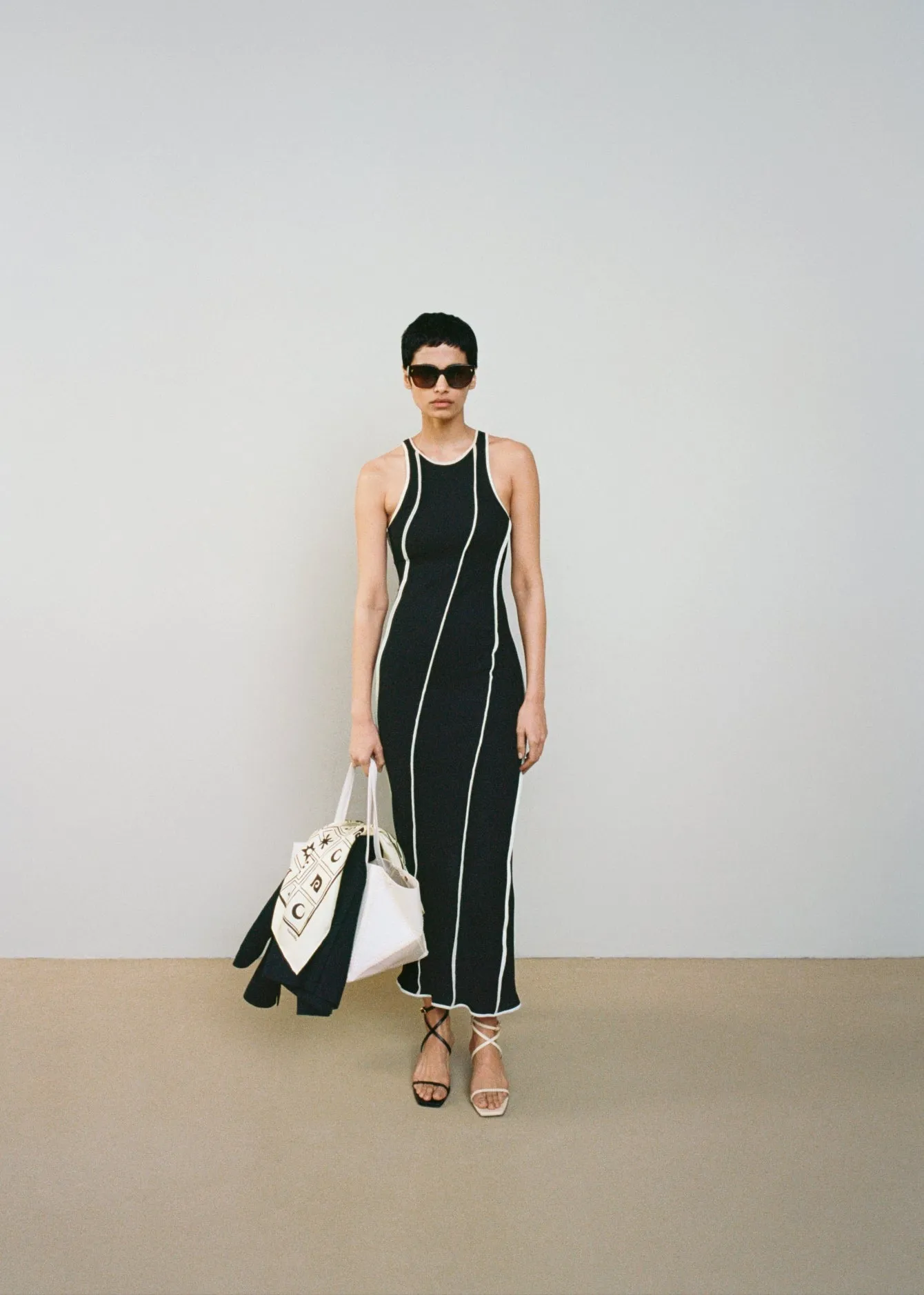 Wanda - Patchwork Mesh-Jersey Midi Dress - Black/White wax sold by Nanushka product image thumbnail 3