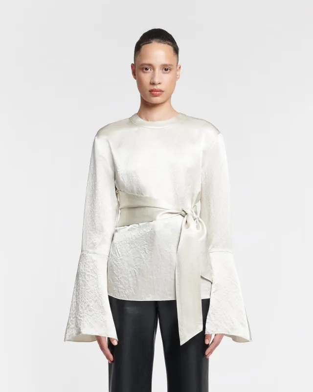 Ilone - Belted Crinkled-Satin Top - Ecru sold by Nanushka