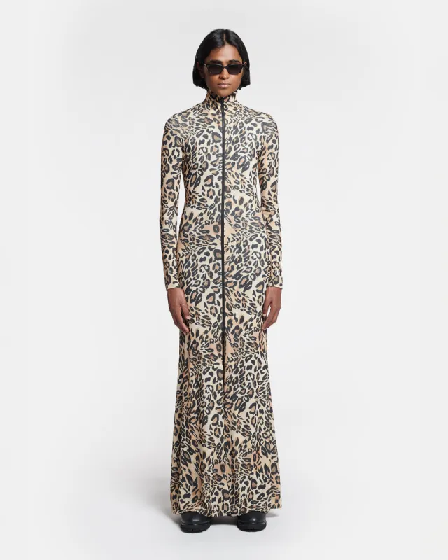 Blaize - Zip-Up Mesh-Jersey Turtleneck Dress - Leopard sold by Nanushka