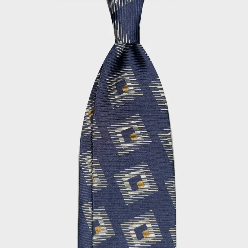 F.Marino Art Decò Silk Tie Large Geometric Frame Denim Blue made by Wools Boutique Uomo