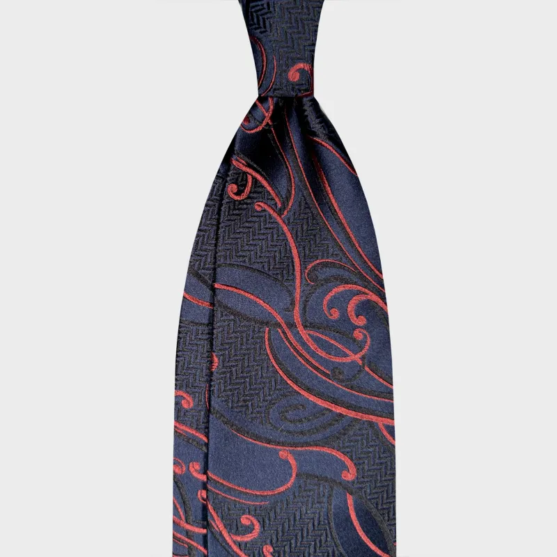 F.Marino Art Nouveau Silk Tie Ornament Botanic Pattern Navy Blue made by Wools Boutique Uomo