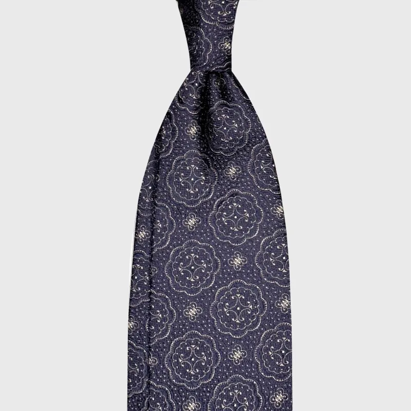 F.Marino Silk Tie Medallions Pattern Navy Blue made by Wools Boutique Uomo