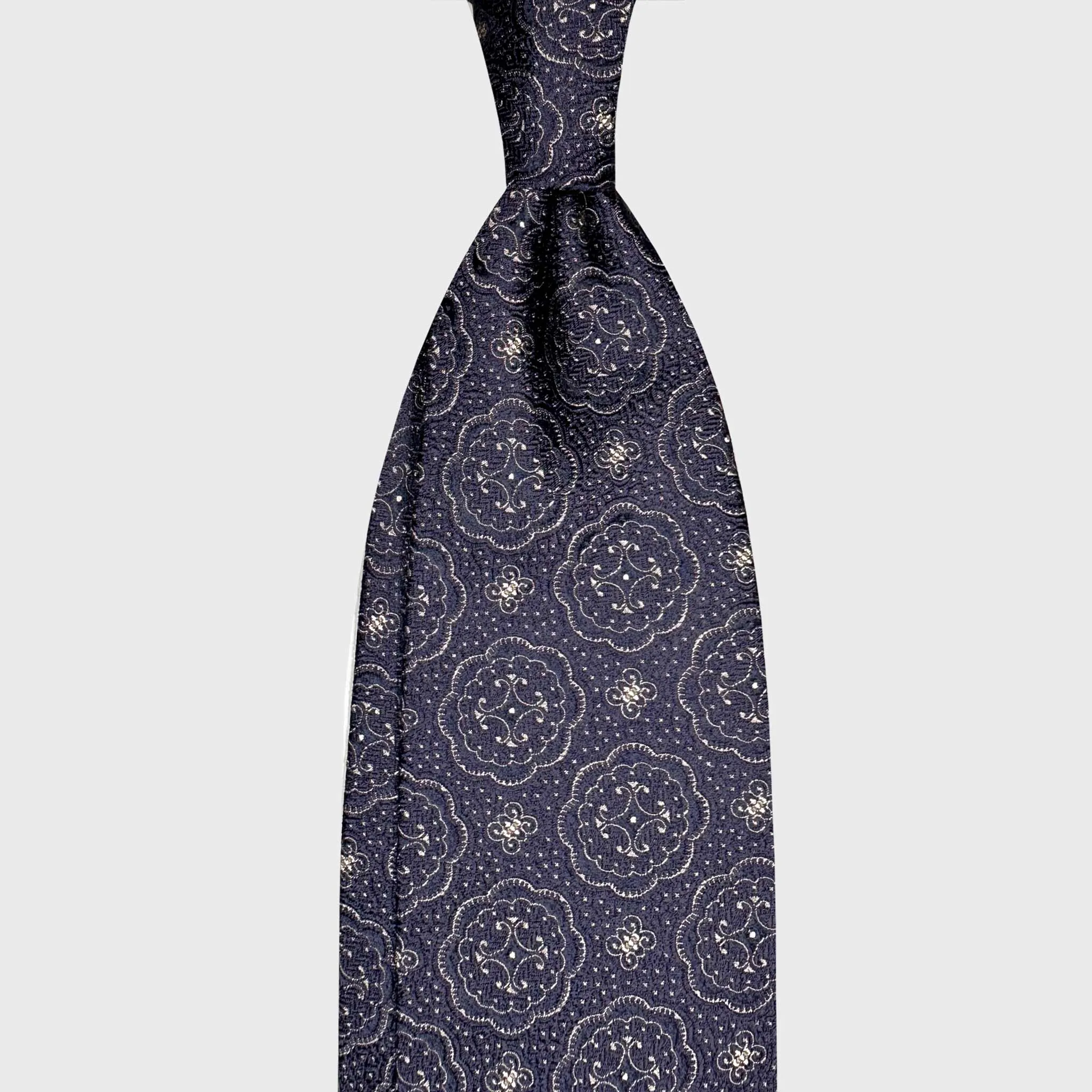 F.Marino Silk Tie Medallions Pattern Navy Blue sold by Wools Boutique Uomo