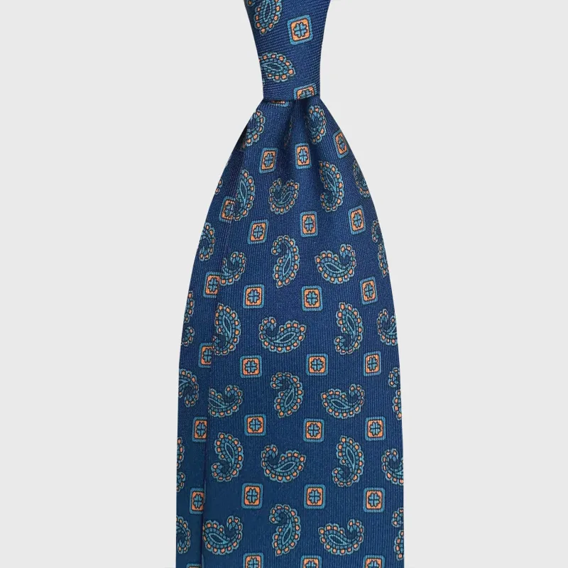 F.Marino Classic Silk Tie Paisley Diamonds Indigo Blue made by Wools Boutique Uomo