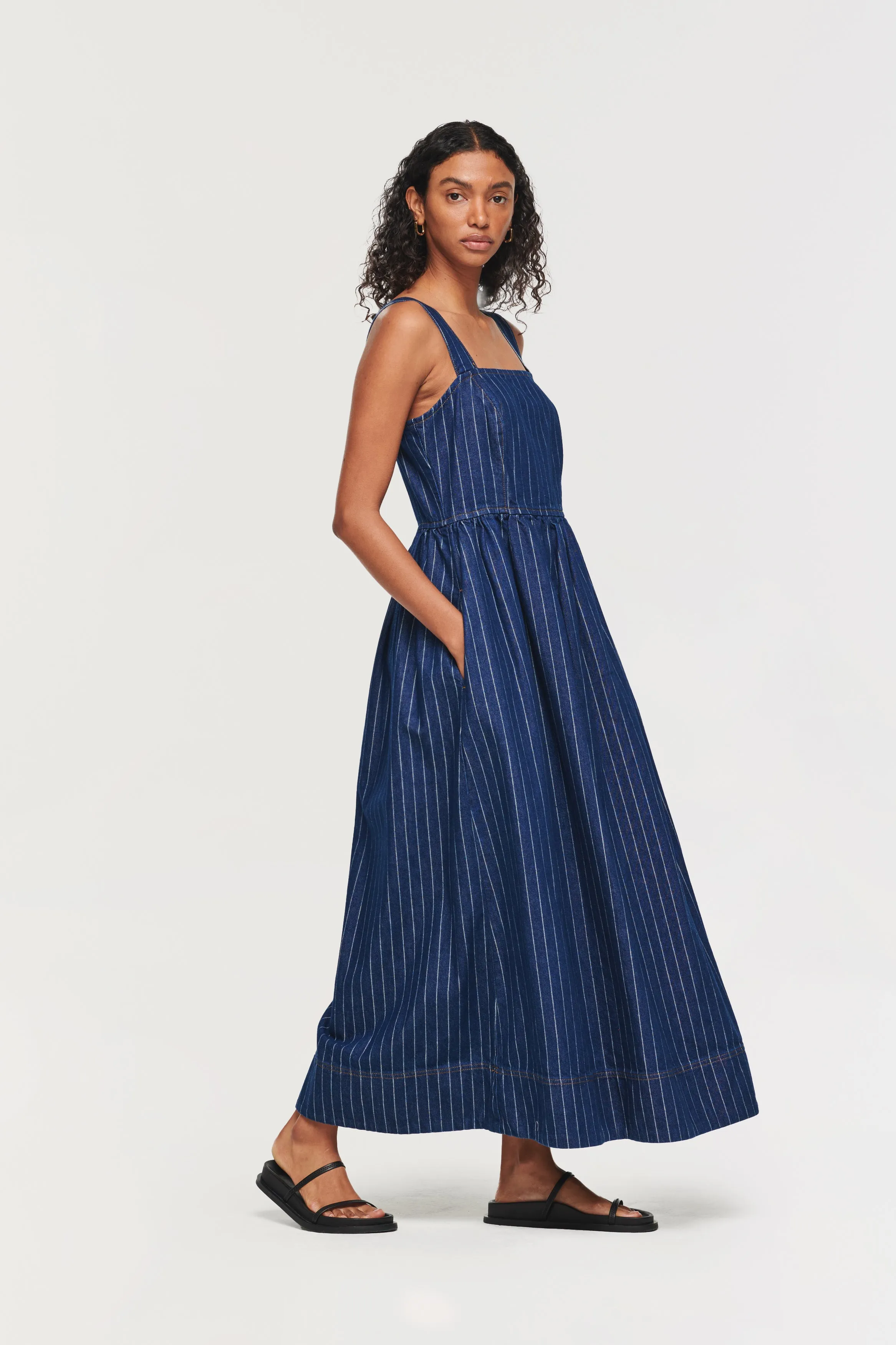 ROSA PINSTRIPE DENIM MIDI DRESS sold by Aligne