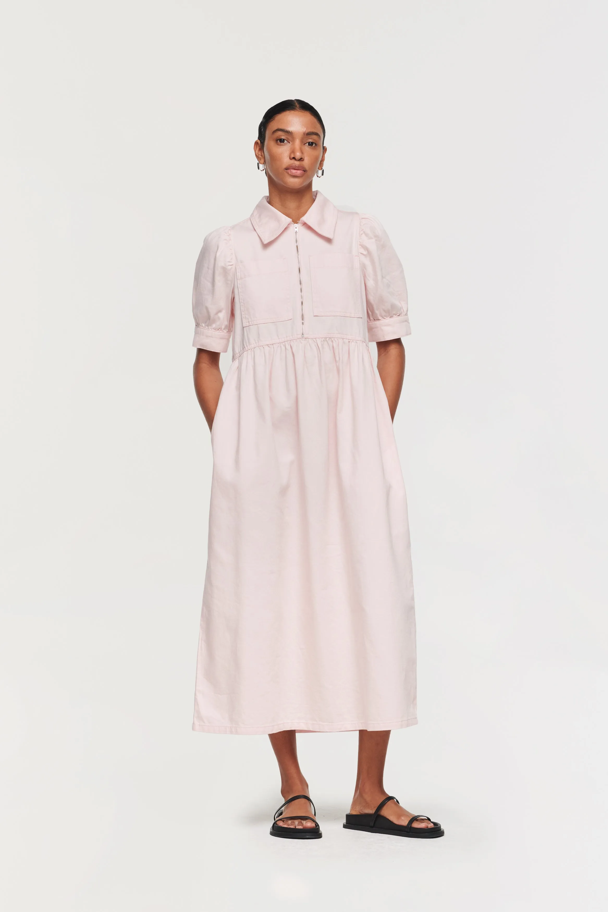 Gabriella Short Sleeve Denim Midi Dress sold by Aligne