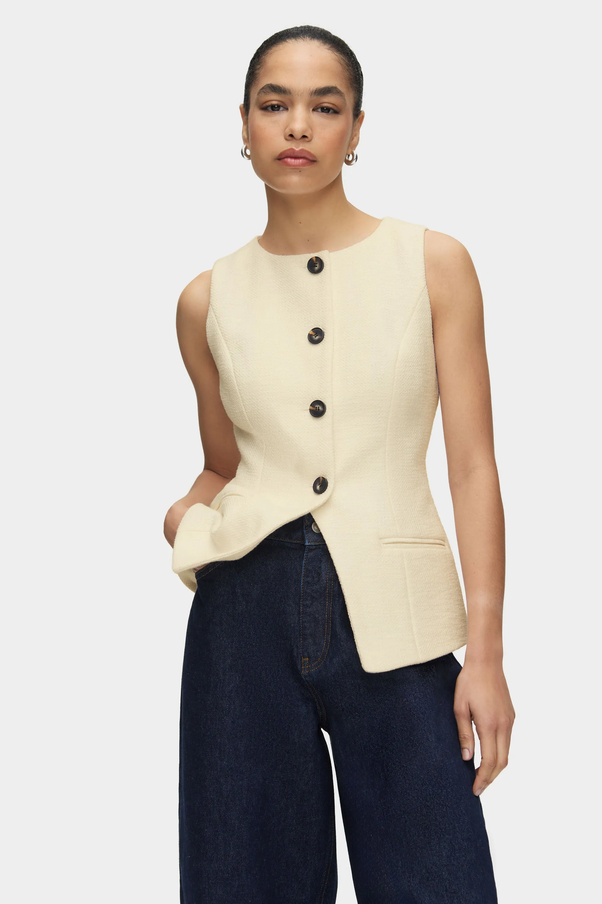 Leo Long Boucle Waistcoat sold by Aligne