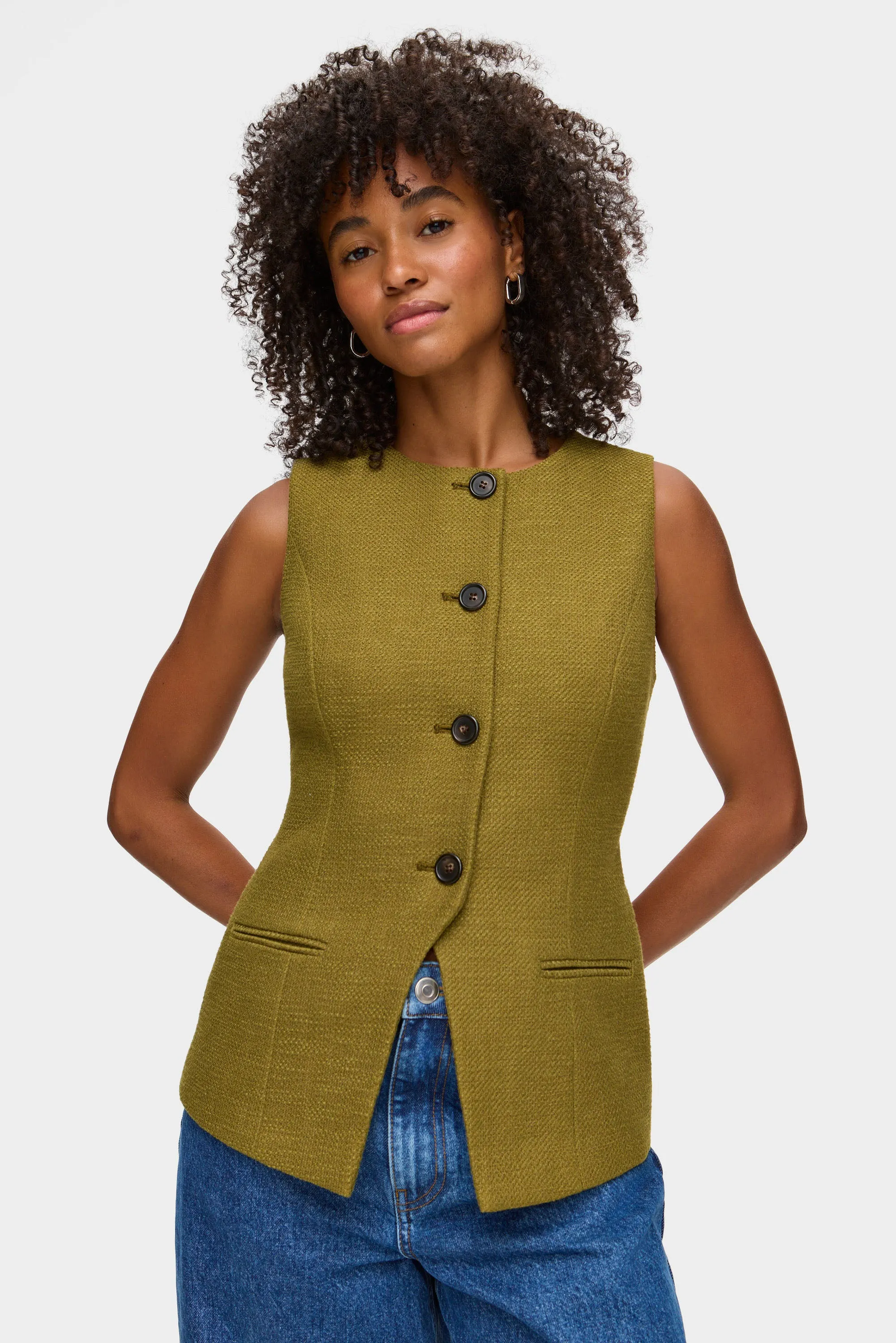 Leo Long Boucle Waistcoat sold by Aligne