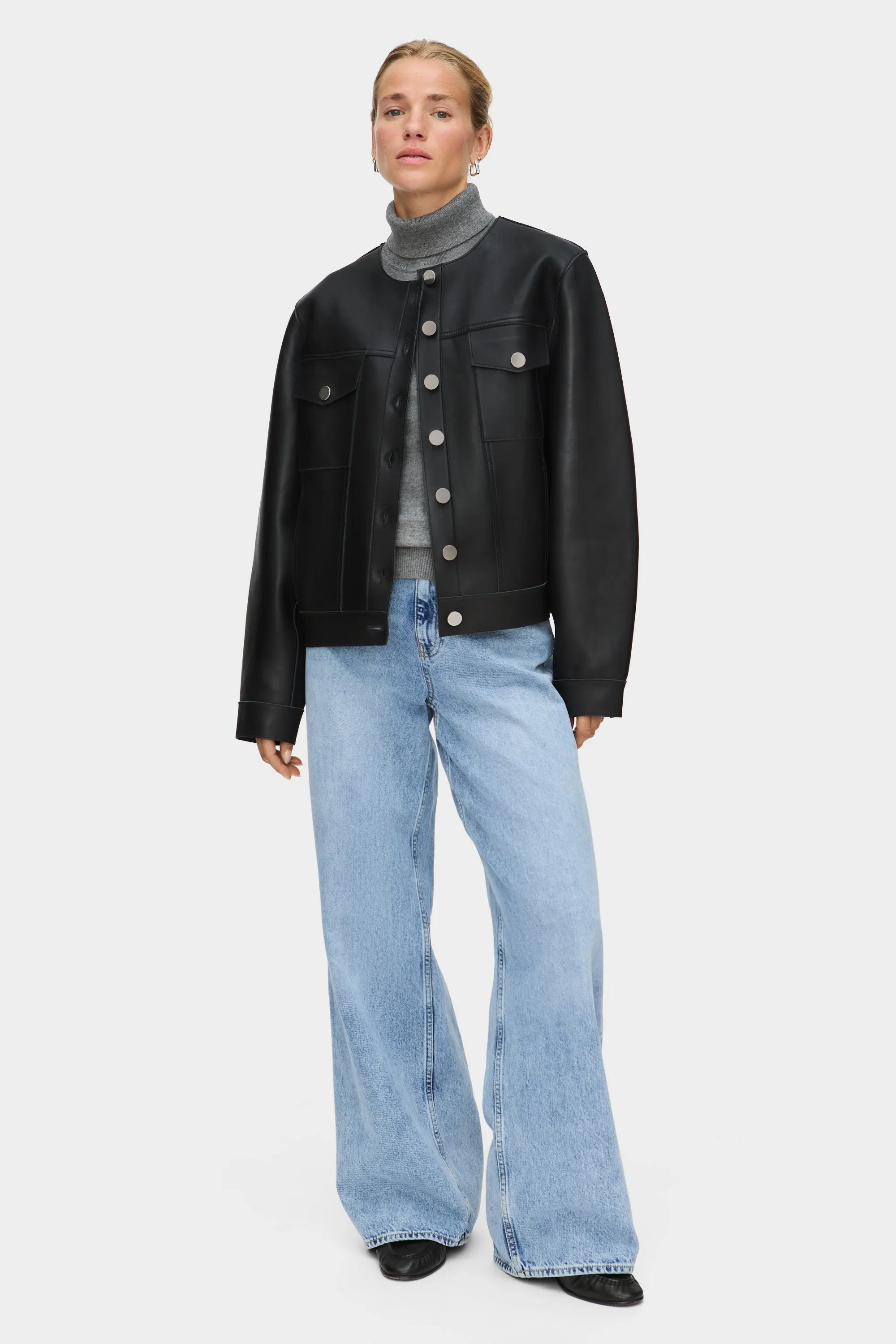 Moto Collarless Leather Jacket sold by Aligne product image thumbnail 2