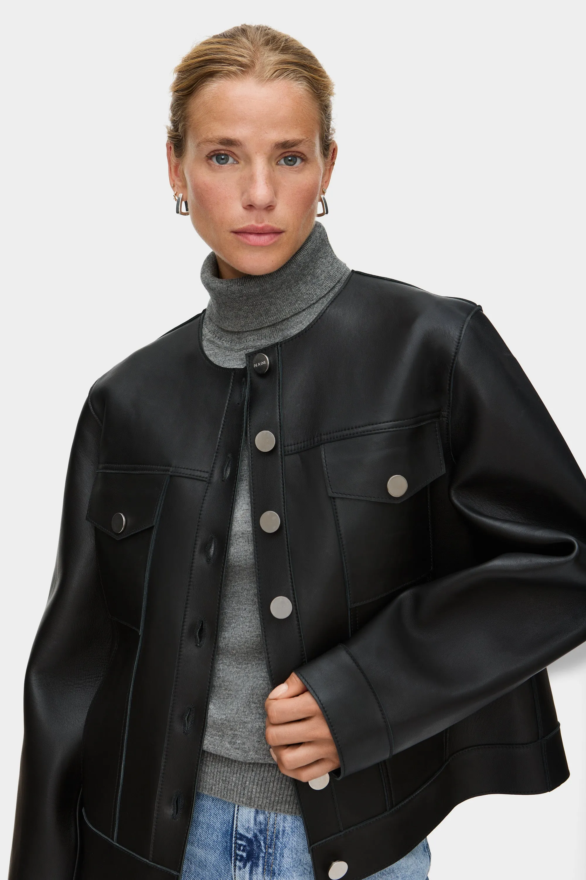 Moto Collarless Leather Jacket sold by Aligne