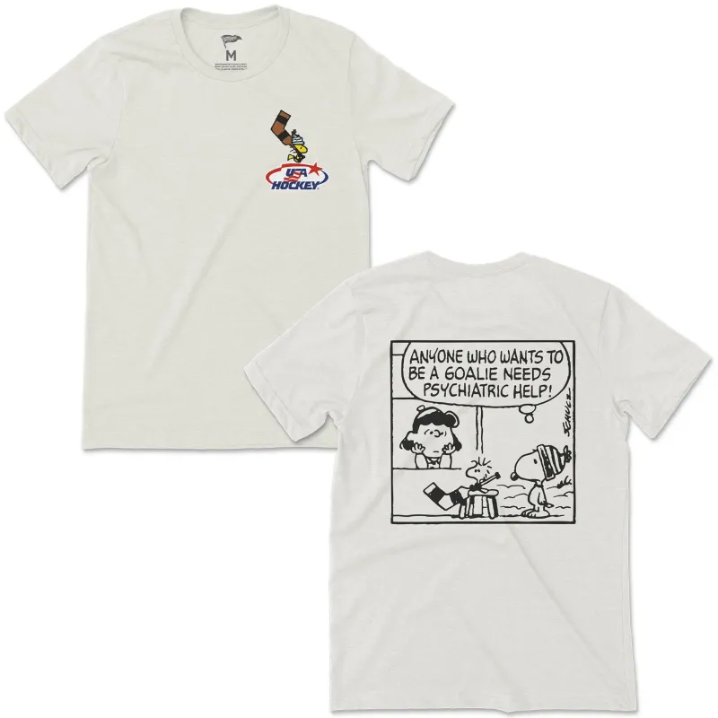 Peanuts x USA Hockey Woodstock Goalie Tee sold by Streaker Sports