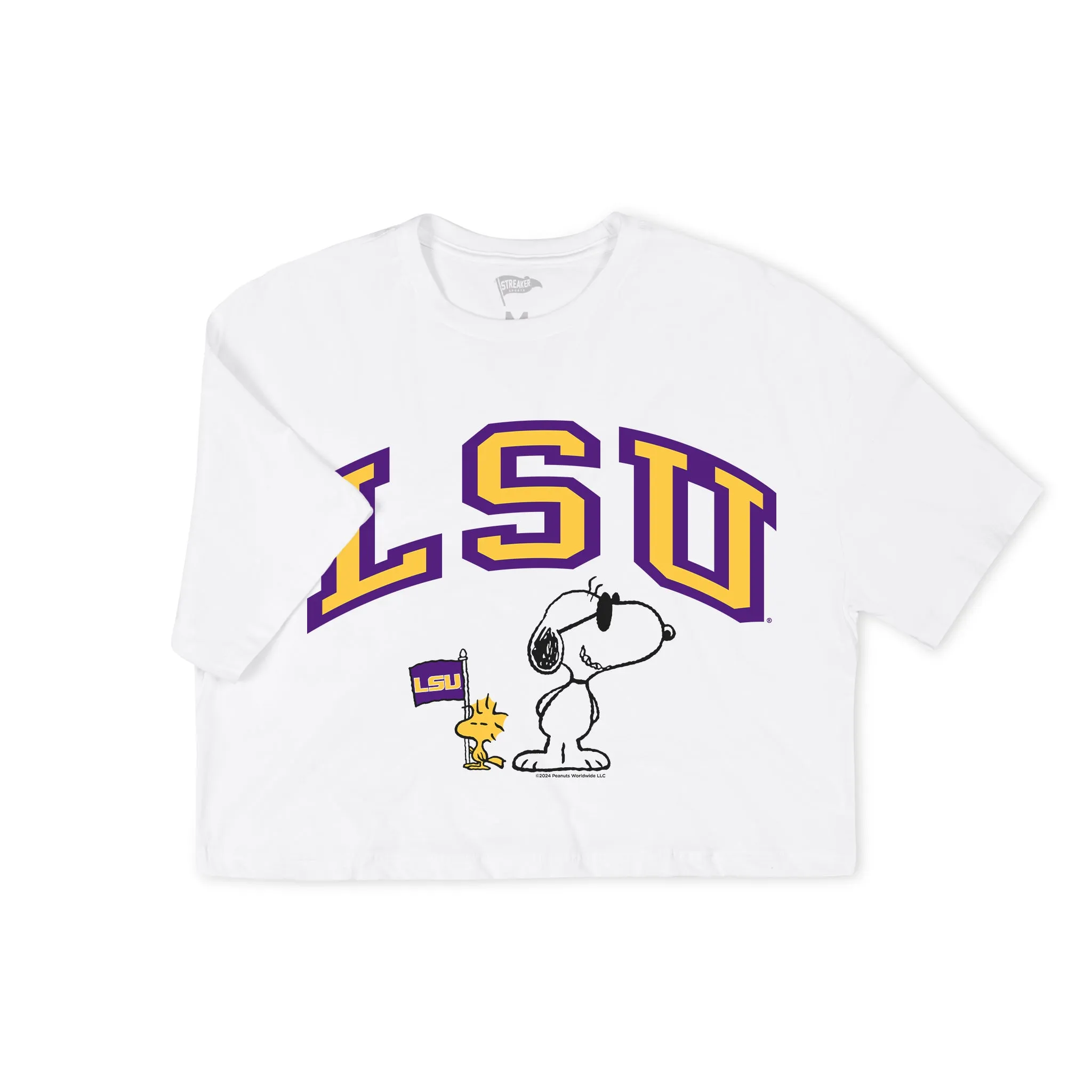 Peanuts x LSU Joe College Women's Crop Tee sold by Streaker Sports
