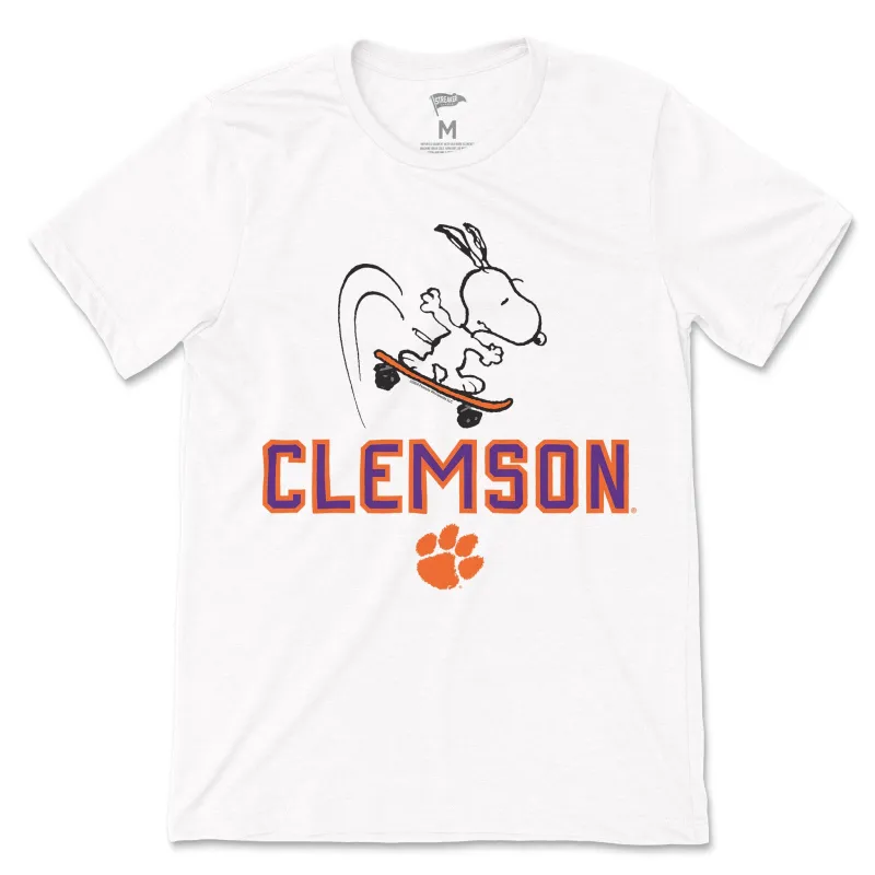 Peanuts x Clemson Snoopy Skateboard Tee sold by Streaker Sports